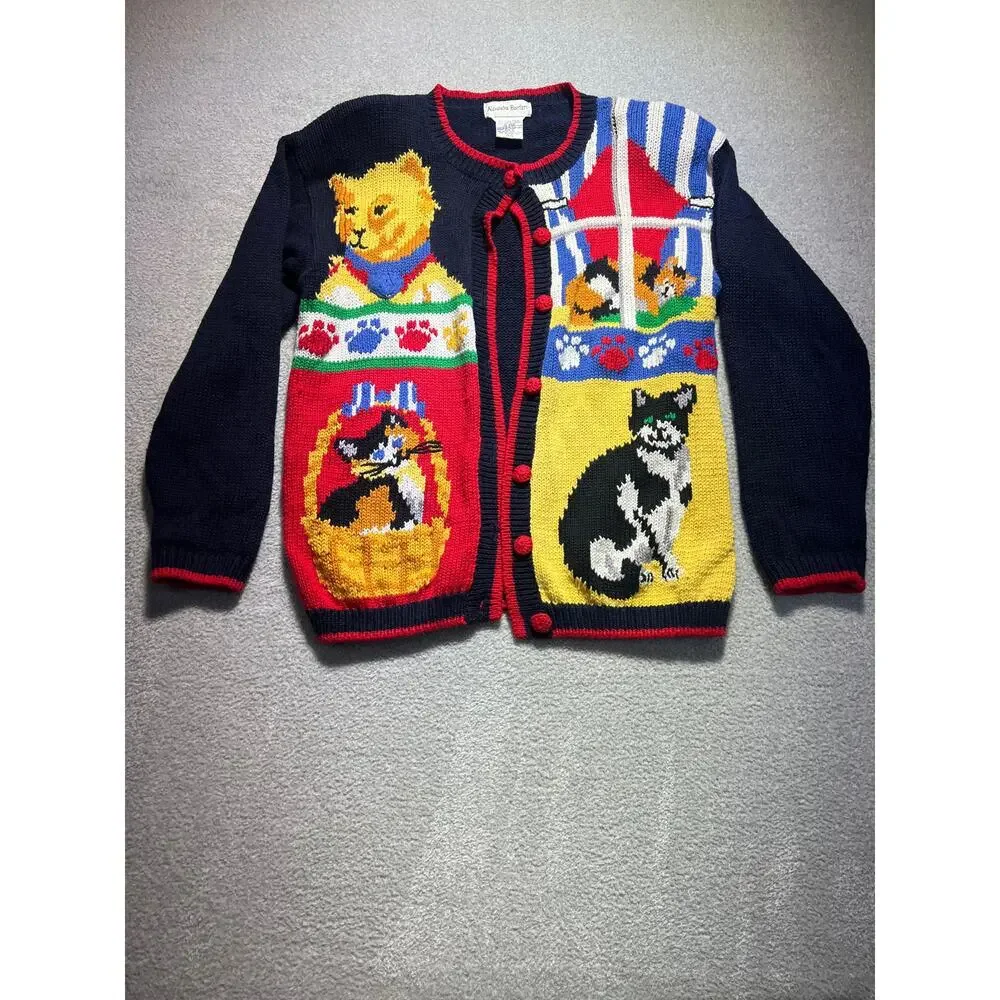 Alexandra Bartlett Womens Blue Multi Embroidered Long Sleeves Cat Sweater Size L - Picture 1 of 5